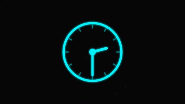 Glowing neon clock icon on dark background with bright cyan blue line art display, concept for time management, finance timeline planning and deadline tracking, ideal for corporate presentation design