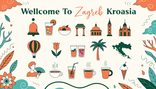 Welcome to Zagreb, Croatia, travel and tourism icons