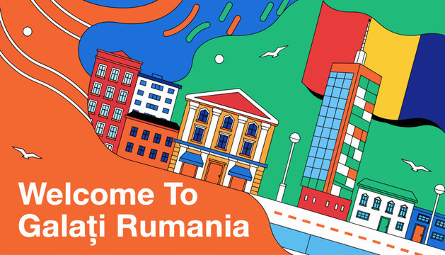 welcome to galati romania, colorful cityscape illustration