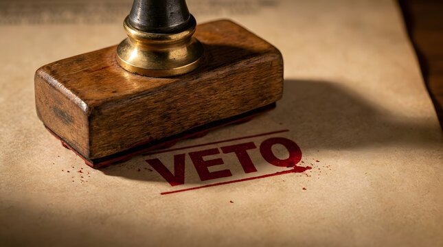 Wooden stamp with VETO text imprinted on paper, symbolizing rejection or prohibition.