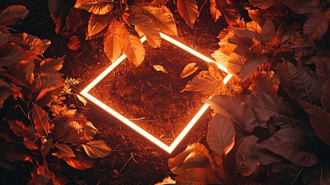 Warm Orange Autumn Leaves Surround a Glowing Neon Square Light Frame Resting on the Ground