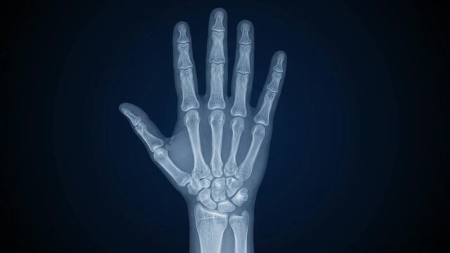 X ray of a human hand showing bones and joints on a dark blue background medical imaging concept