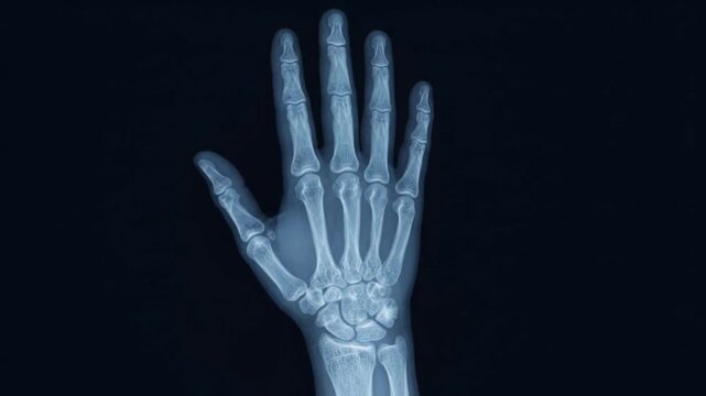 X ray of a Human Hand with Visible Bones and Joints Against a Dark Blue Background
