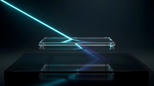 Physics light refraction prism display featuring blue laser beam through transparent block for futuristic science branding and tech