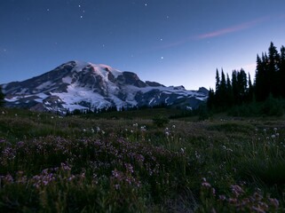 Fototapeta premium Mount Rainier wildflower meadow at sunrise