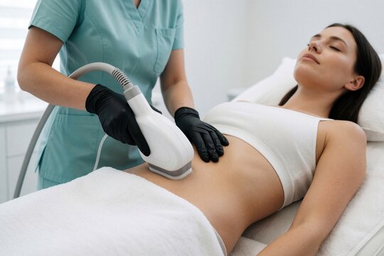 Cosmetologist applies cryolipolysis device to clients abdomen for fat reduction. Woman receives cooling therapy for body contouring in clinic. Expert performs beauty procedure on relaxed person lying