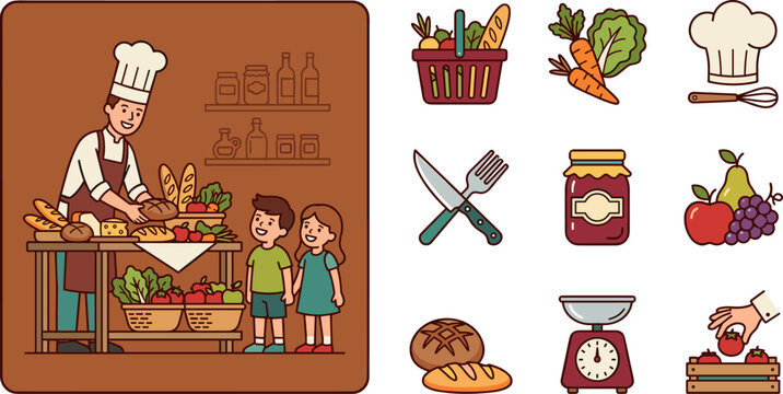 Flat design vector icons of a baker, children, and grocery items like bread, fruit, and vegetables.
