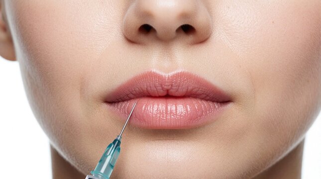 Close-up of woman lips receiving cosmetic filler injection. Needle inserts into skin for lip augmentation procedure. Beauty treatment for fuller lips.