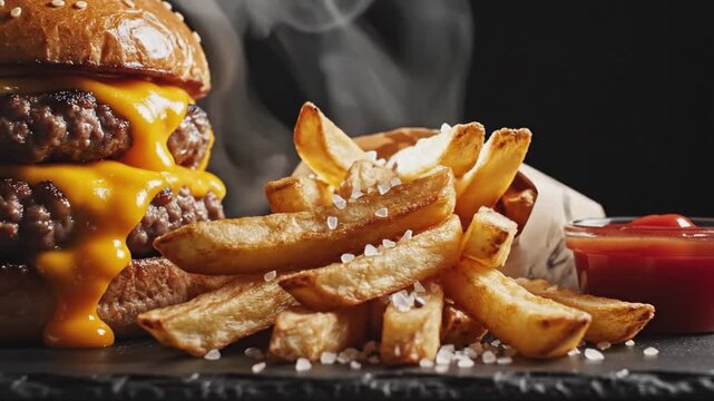 Double cheeseburger and fries fill dark tabletop, with glossy buns, dripping cheddar, and visible steam in dramatic gourmet style. Burger and fries are plated beside ketchup for hearty meal.