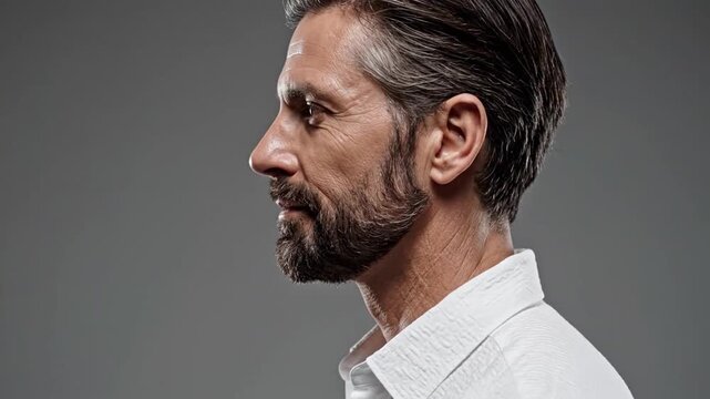 Mature man turns from profile to camera, calm and thoughtful in studio portrait lighting. This bearded man wears white shirt against plain gray background, with subtle serious expression and clean