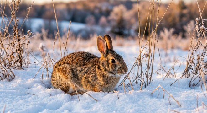 Cute wild rabbit sitting on white snow in a frozen winter field during a golden sunrise, fluffy brown bunny in frosty nature, wildlife animal portrait in winter landscape.