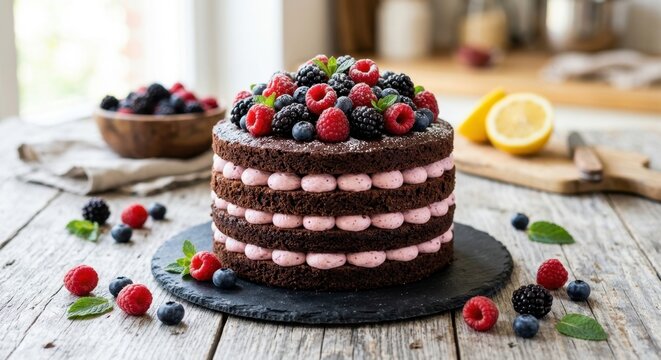 Delicious chocolate layer cake decorated with fresh raspberries, blackberries, and blueberries, served on a black stone plate atop a rustic wooden table in a bright kitchen environment.