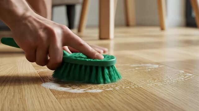 Close-Up Shot of a Green Handheld Scrubbing Brush Cleaning a Polished Wooden Floor in a Bright Room