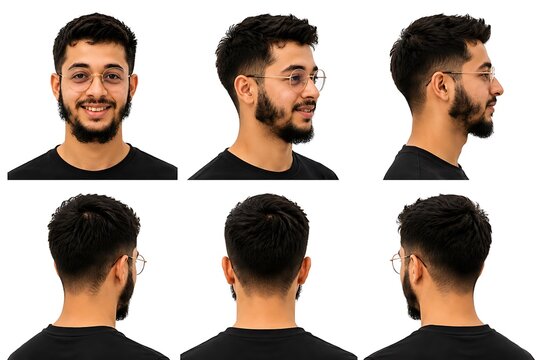 Young man with modern haircut and beard, set of 6 headshots from different angles, male grooming and hairstyle showcase