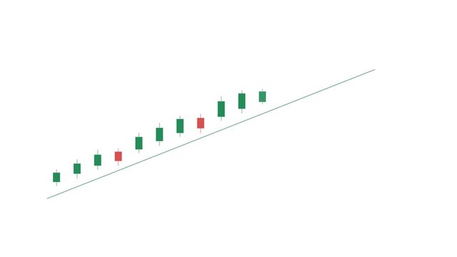 A series of multicolored candlestick chart symbols aligned along an ascending diagonal trend line against a plain white .