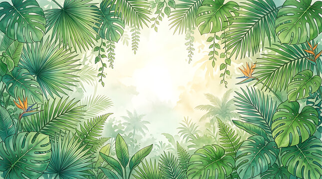 Lush tropical jungle foliage background, with monstera leaves, palm fronds, and, bird of paradise, flowers, vibrant green, botanical pattern