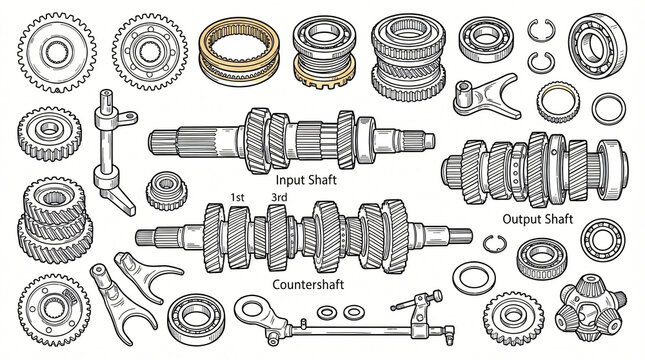 Car Gearbox Gears Transmission Shaft Line Art Doodle Collection Hand Drawn Helical Input Countershaft Synchro Ring Spur Gear Uniform Stroke Solid White Background Completely Textless Words