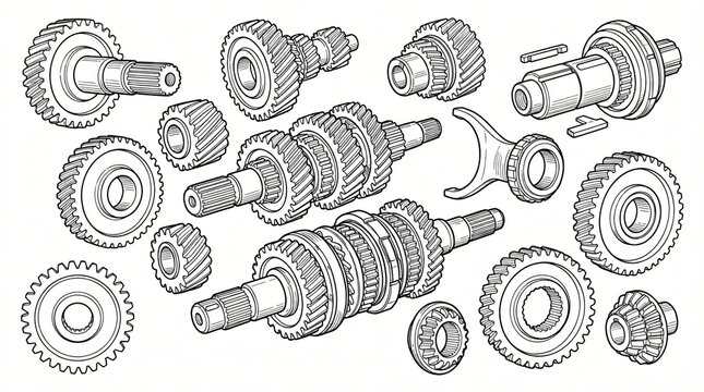 Car Gearbox Gears Transmission Shaft Line Art Doodle Collection Hand Drawn Helical Input Countershaft Synchro Ring Spur Gear Uniform Stroke Solid White Background Completely Textless Words