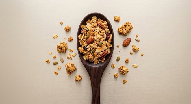 Healthy granola with nuts and seeds in wooden spoon on beige background, top view breakfast snack.