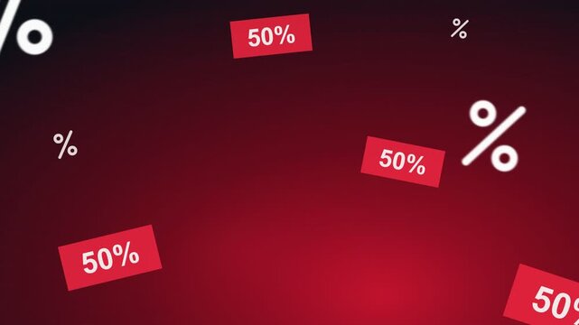 A graphic featuring floating white percentage symbols and red rectangular tags labeled with fifty percent on a dark red gradient.