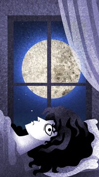 woman with insomnia watching day and night pass outside her window