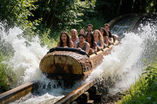 Group of friends and family splash down water ride on log flume boat. People laugh and scream with joy getting wet on sunny day at amusement park.