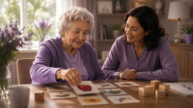Senior woman with alzheimer playing memory card game with caregiver at home. Elderly patient doing cognitive therapy exercise with young woman. Dementia care, support concept for World Alzheimer Day
