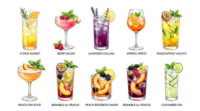Set of ten watercolor of various cocktails including mojitos, gin sours, and brambles, each labeled with its name on a white background