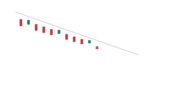 A minimalist illustration of a downward sloping red trendline with small red and green candlestick chart patterns aligned along it on a white .
