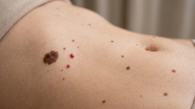 Close-Up Of Human Skin With Multiple Moles And Red Spots