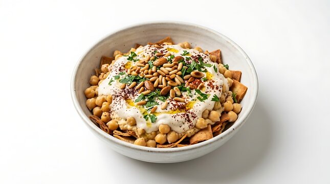 A delicious bowl of hummus topped with chickpeas, pine nuts, and pita bread pieces, garnished with parsley, presented in a rustic ceramic bowl.