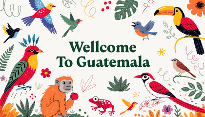 Obraz premium Welcome to Guatemala - Vibrant Tropical Wildlife and Flora Illustration