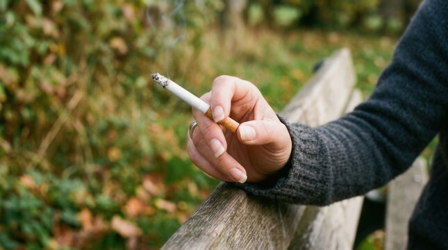 Close Up Of Hand Holding A Lit Cigarette Outdoors In Autumn Season