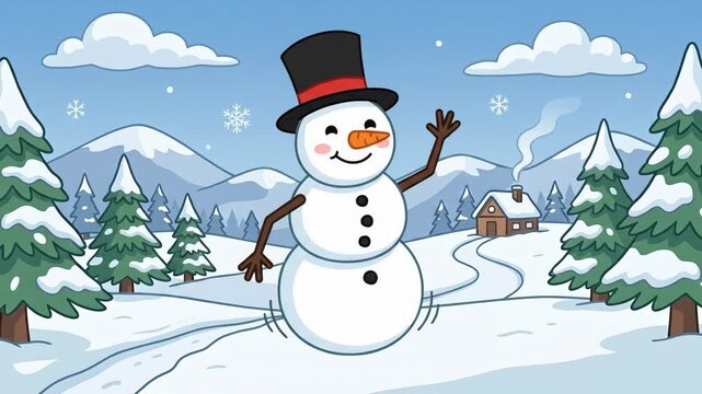 A cheerful cartoon snowman wearing a black top hat waving hello in a snowy winter village landscape, surrounded by pine trees and snow-capped mountains. Perfect for Christmas promotions, winter holida
