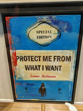 Newcastle upon Tyne,United Kingdom-11 February 2025:JAMES MCQUEEN artwork reading PROTECT ME FROM WHAT I WANT, contemporary display