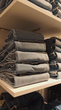 Folded blue denim jeans stacked on a light colored shelf, creating an organized retail display in a clothing store, ready for customers to browse and purchase new apparel