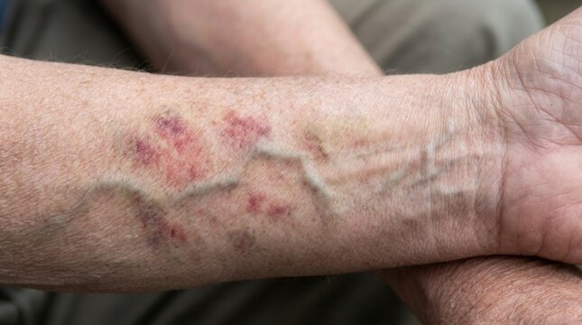 Close Up Of Bruised Skin And Prominent Veins On Forearm