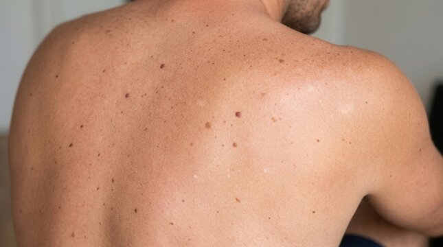 Close Up Of Man's Back Covered In Moles And Sun Spots