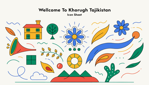 Khorugh Tajikistan Icon Sheet: Welcome to City Symbols, Doodle Art & Vibrant Illustrations