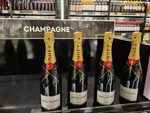 Lanzarote Airport,Spain-12 February 2025:Moet and Chandon champagne bottles on a duty free display