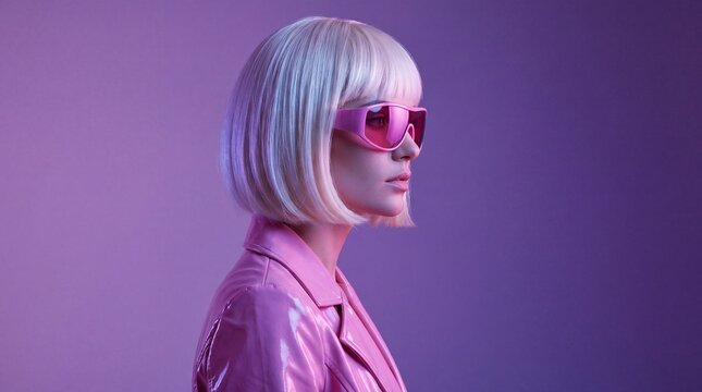 A striking blonde woman with a bob haircut and large pink sunglasses poses with confidence in a pink, glossy jacket against a gradient purple backdrop.