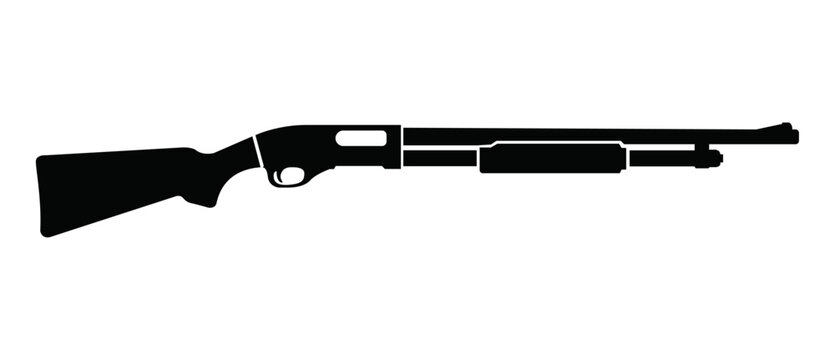Pump-action shotgun silhouette in a clean vector design with a classic shotgun profile, barrel, pump grip, stock, trigger, solid black styling, and transparent background