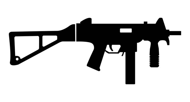 MP5-style SMG silhouette in a clean vector design with a compact submachine gun profile, folding stock, barrel, and solid black styling, silhouette design, vector transparent background