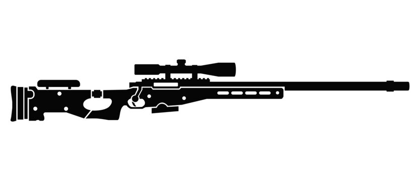 Sniper rifle silhouette in a clean vector design with a long-range rifle profile, extended barrel, mounted scope, adjustable stock, and solid black styling on a transparent background