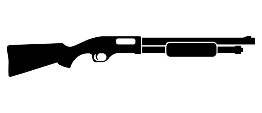 Pump-action shotgun silhouette in a clean vector design with a classic shotgun profile, long barrel, pump-action fore-end, and solid black styling on a transparent background