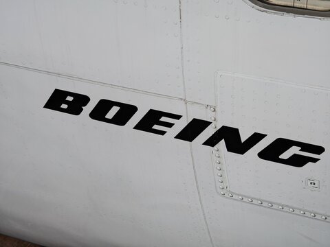 Lanzarote Airport,Spain-12 February 2025:Boeing logo on a passenger aircraft fuselage
