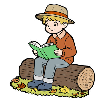 Cute cartoon schoolboy with hat reading an open book while sitting on a wooden tree log with autumn leaves illustration isolated on transparent background
