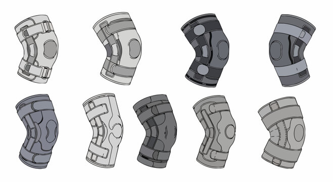 A collection of five medical knee brace illustrations in different shades of gray on a white background.