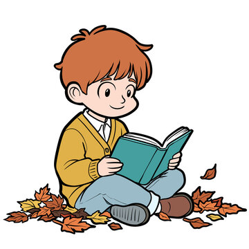 Cute cartoon schoolboy reading an open book while sitting on a pile of autumn leaves illustration isolated on transparent background