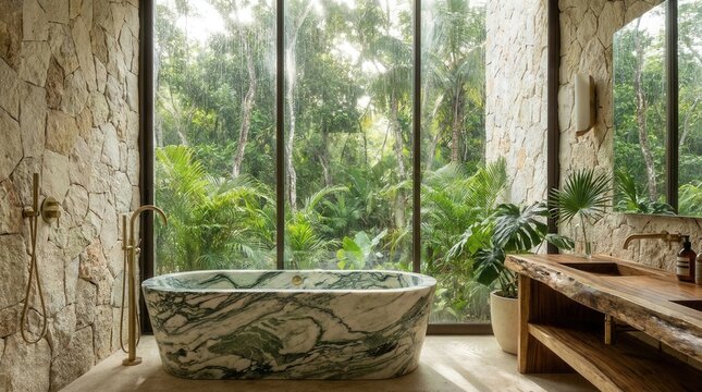 Luxurious Bathroom with Freestanding Bathtub Overlooking Lush Tropical Rainforest.